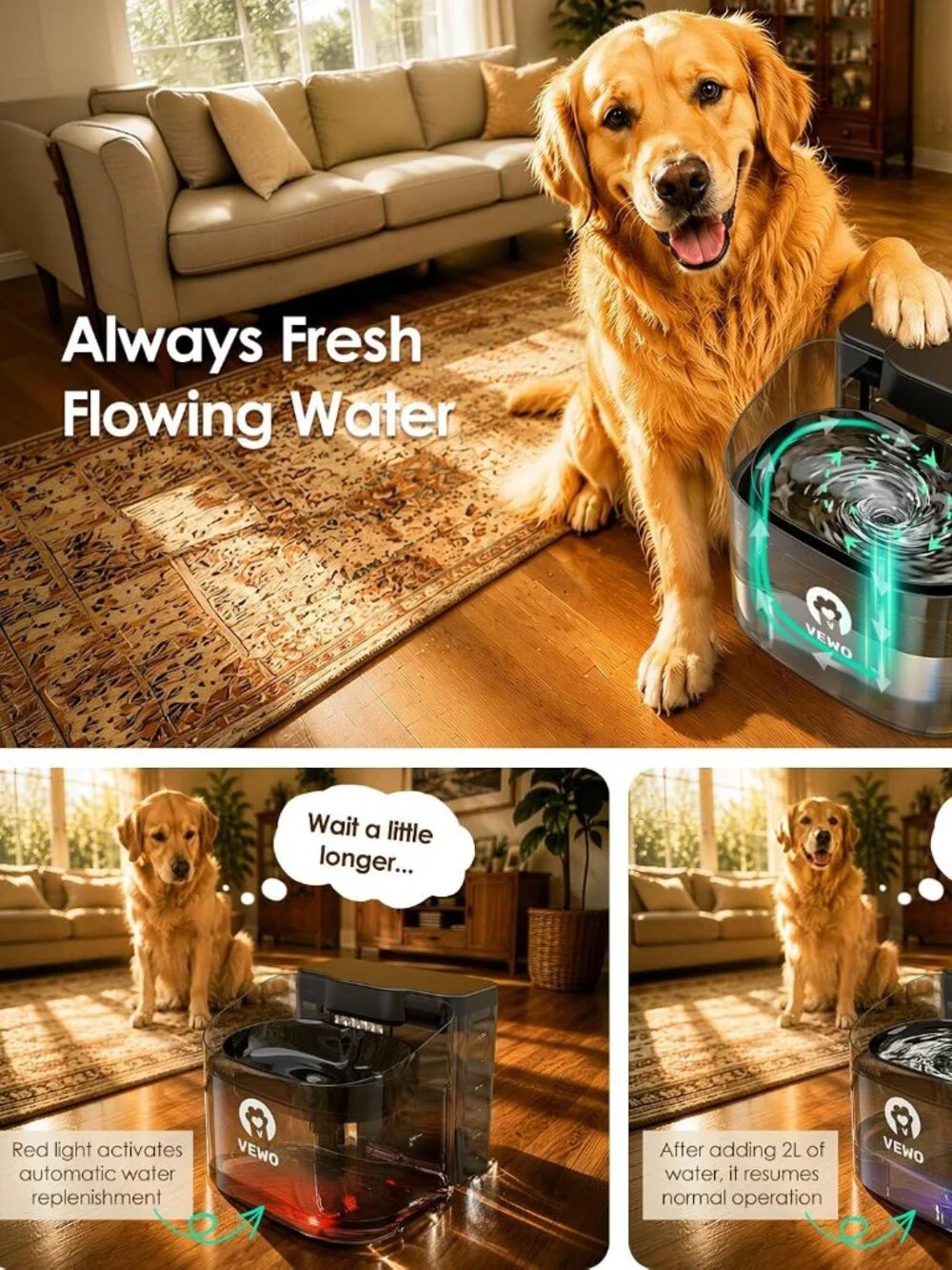 VEWO W16-L 11L Large Dog Water Fountain No Spill Automatic Dispenser Black NEW